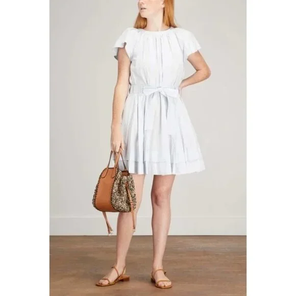 🆕ULLA JOHNSON Mae Flutter Sleeve Belted Cotton Mini Dress Sea Glass Blue 8